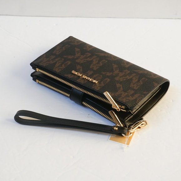Michael Kors Jet Set Travel Graphic Logo Double Zip Wristlet MK Brown Black - Picture 4 of 8